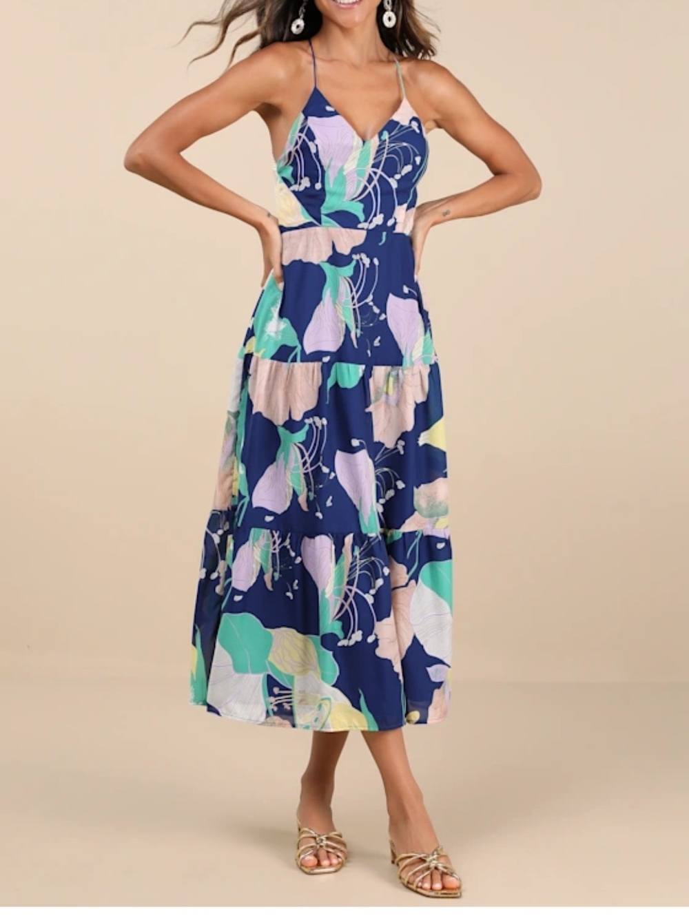 Lulu's Navy Floral V-Neck Tiered Midi Dress with Spaghetti Straps